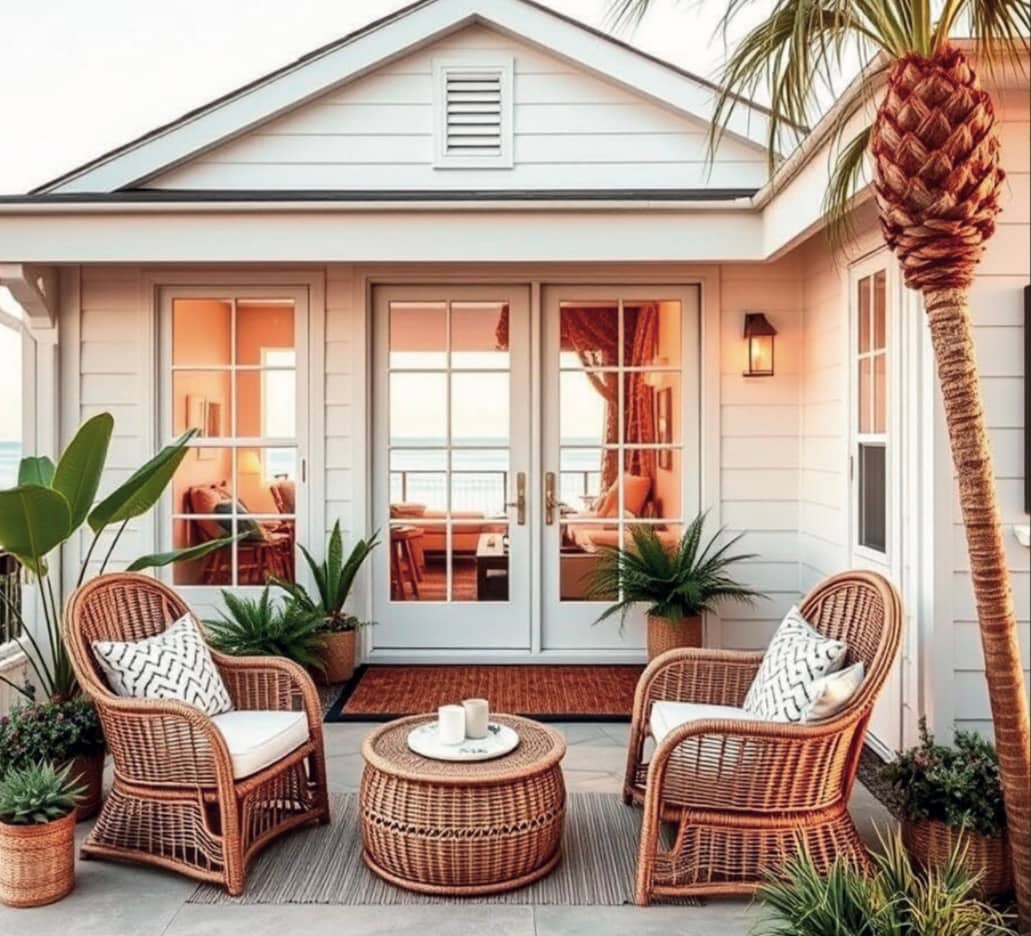Coastal cottage porch with wicker chairs and a palm tree