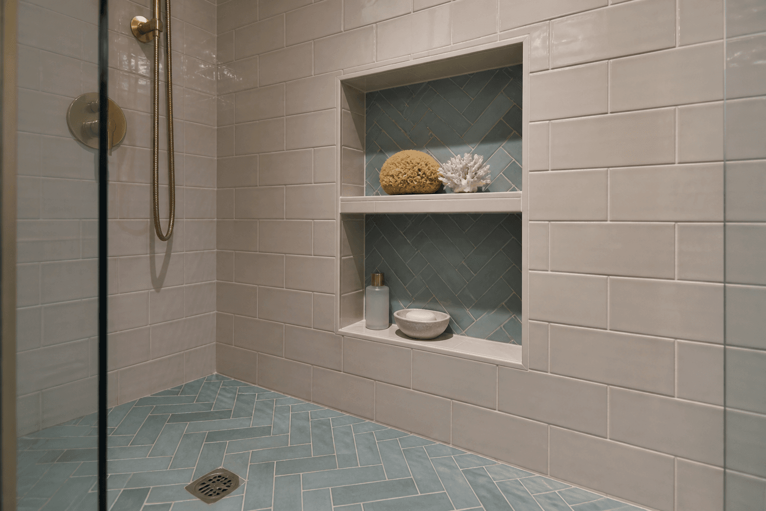 A tiled shower niche with herringbone accent tile and champagne-bronze fixtures.